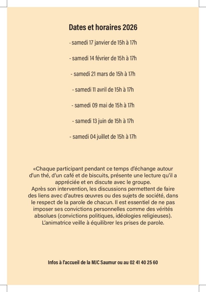 Dates du Club Lecture de la MJC centre social de Saumur