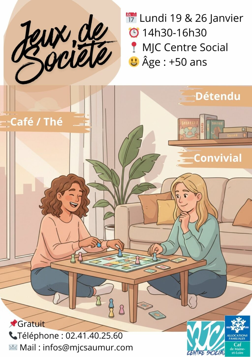 Après-midi jeux de société à la MJC centre social de Saumur, les lundis 19 et 26 janvier 2026